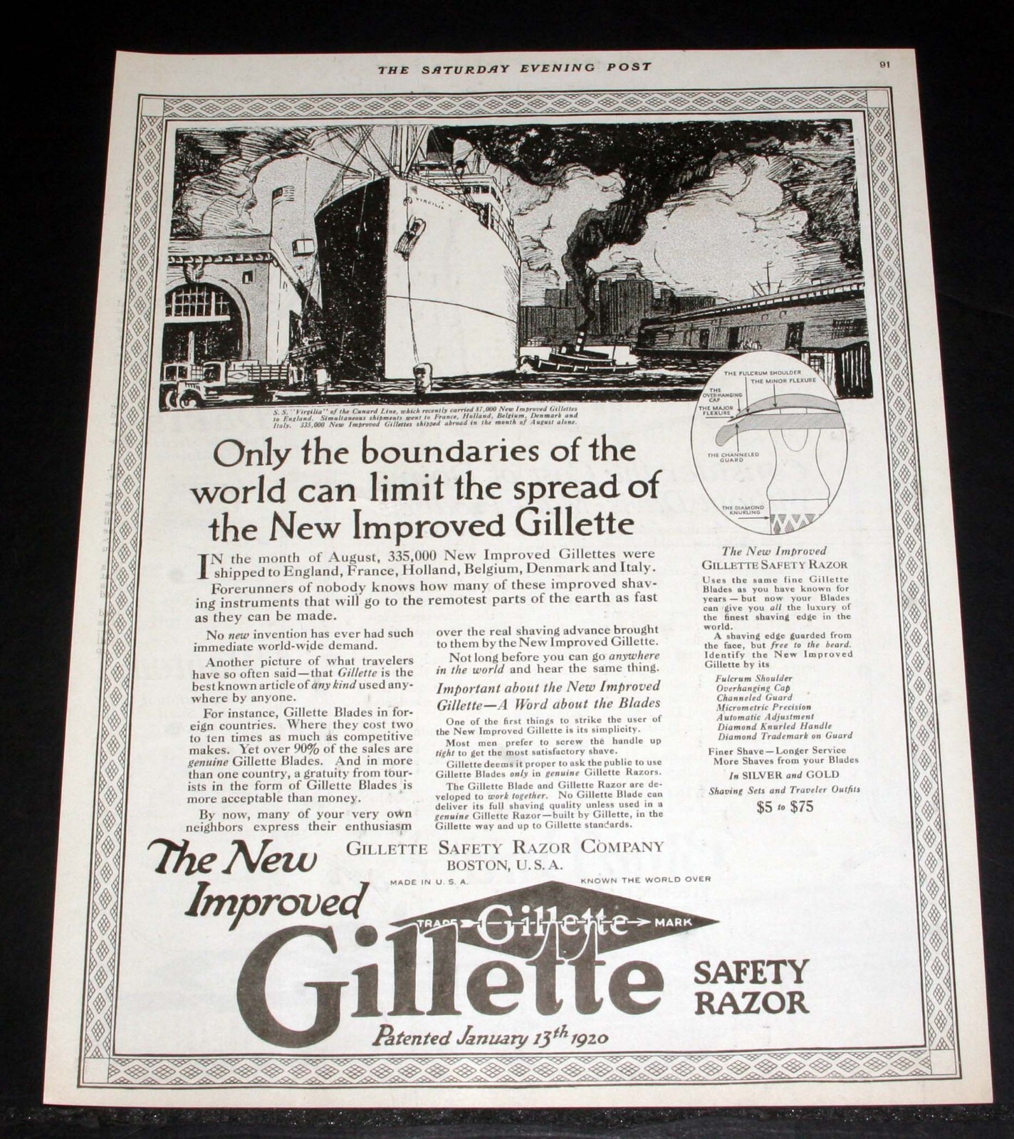 Safety Razor Ad 1921 OLD MAGAZINE PRINT AD, THE NEW IMPROVED GILLETTE SAFETY RAZOR, THE ...