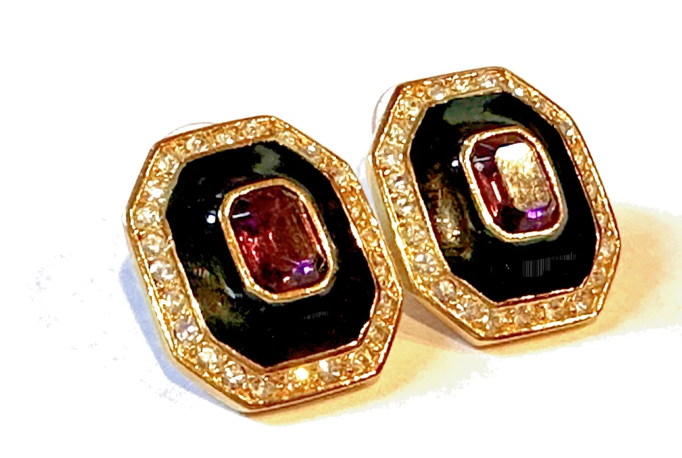 PENDIENTES OREJA GRUESOS PERFORADOS ROMANOS ESMALTE NEGRO PÚRPURA ESTRÁS ORO POSTE 1" UE Foto 2 de 4