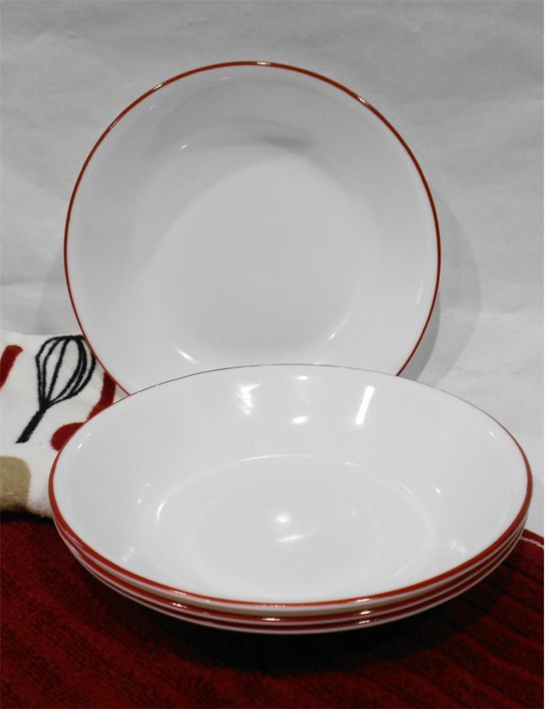 ❤️ Corelle RED RIM 20-oz PASTA BOWLS Shallow Coupe Soup