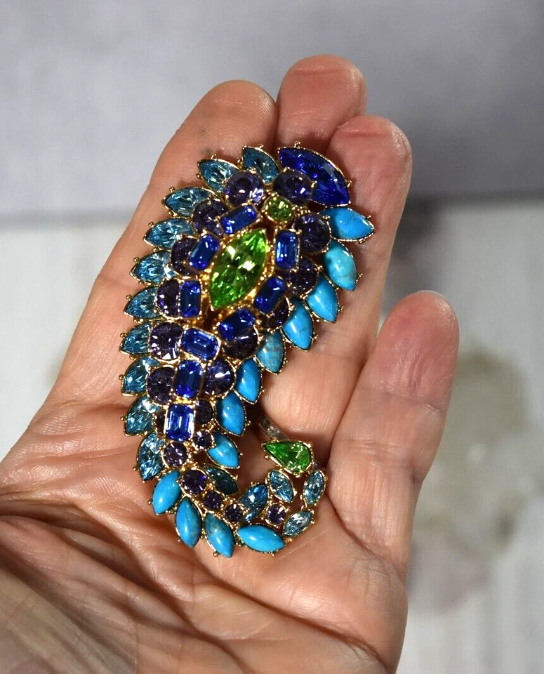 Broche Prendedor Joan Rivers Grande Tono Dorado Azul Turquesa Paisley Estrás Firmado