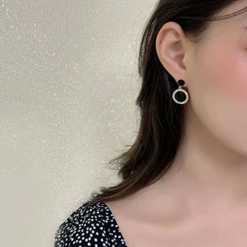 Women 925 Sterling Silver Crystal Earrings Gold Stud Retro Black Disc Deluxe - 第 3/3 張圖片