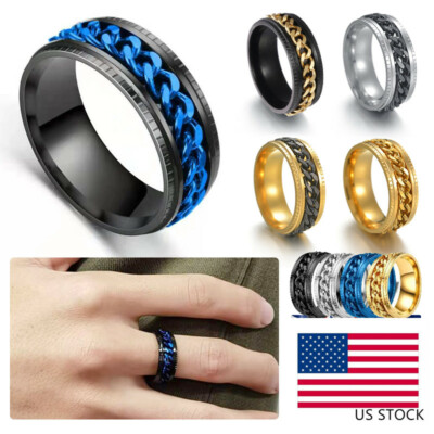 #ad 10 Colors Stainless Steel 8mm Man Woman Spin Grooved Curb Chain Band Ring $8.95