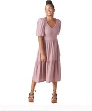 Nation LTD Geri Short Sleeve Midi Peasant Dress Size Large Pink Tiered