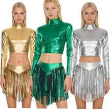 Womens Outfits Stage Sets Hot Pants Dancewear Crop Top Costume Daily Wear Shiny