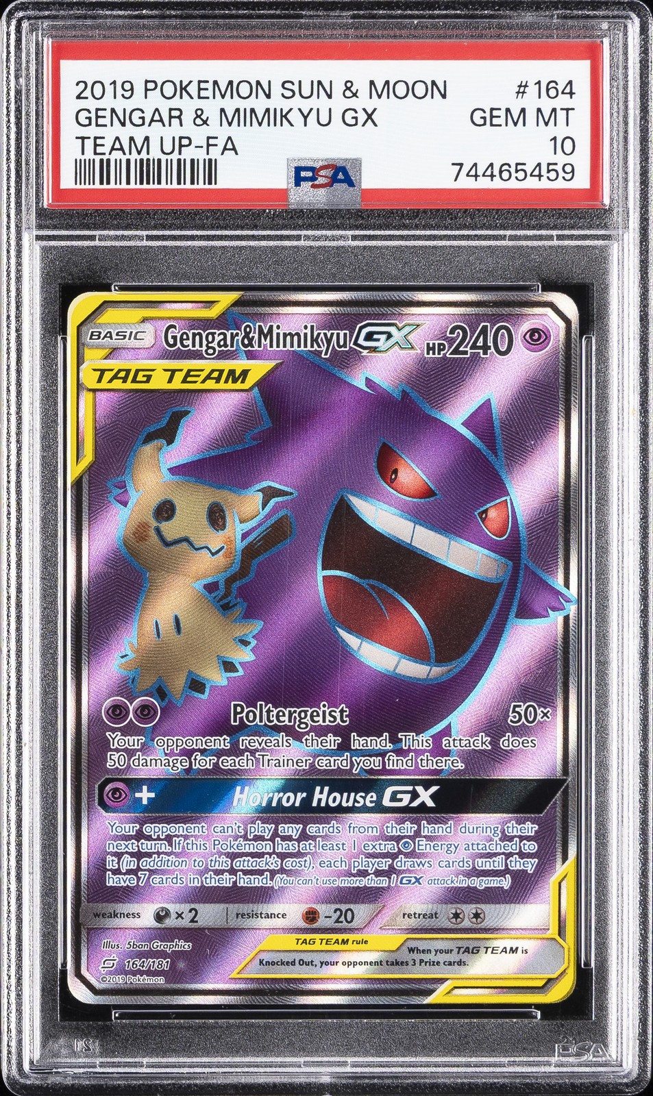 2019 POKEMON SUN & MOON TEAM UP #164 FULL ART/GENGAR & MIMIKYU GX PSA 10