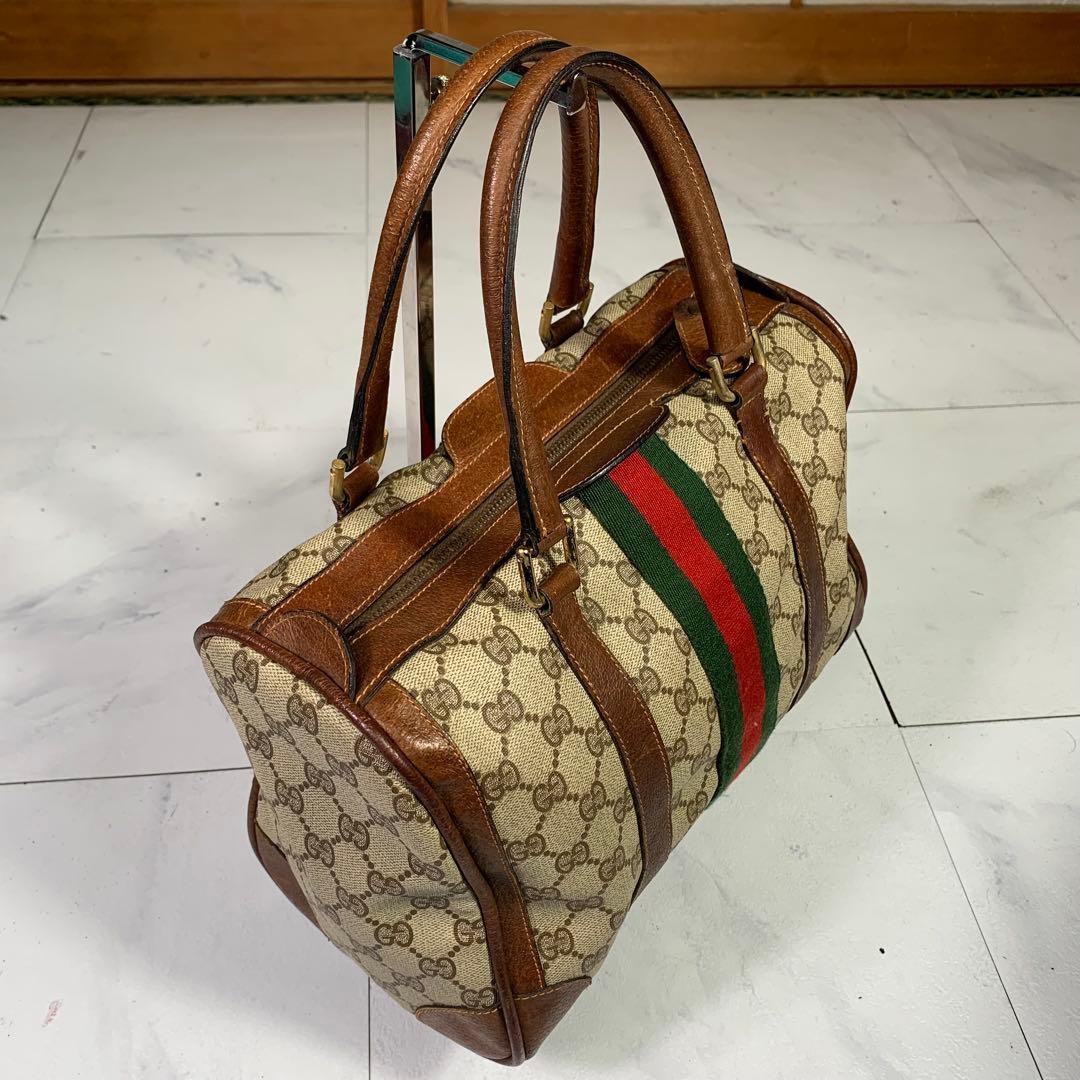 Gucci Old GG Pattern Sherry Line Mini Boston Bag Brown Leather 12x9x6 in — image 7