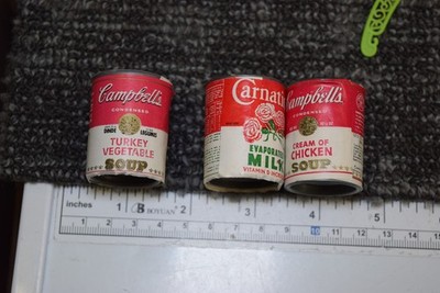 3 Vintage 1970's Mini 1.5'' Campbells Soup Toy Cans Turkey Vegetable Milk Chicken