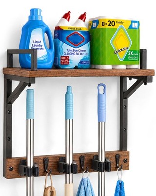 Broom Holder Wall Mount with Cleaning Supplies Storage, Heavy Duty Broom and ...