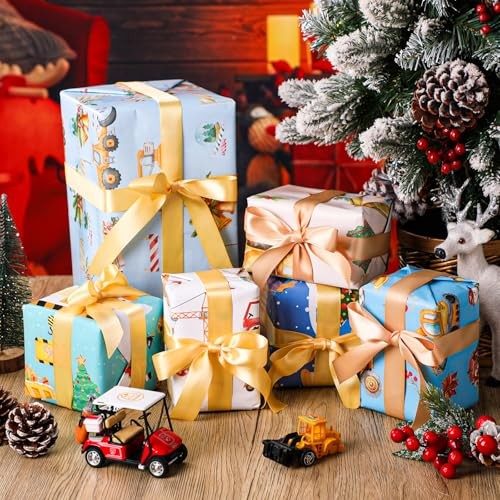  12 Sheets Construction Christmas Wrapping Paper for Boys Kids, Holiday Gift 