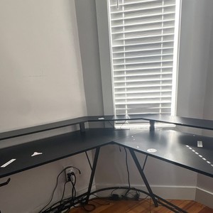 Black L-Shaped Corner Desk with Shelf, Metal, Matte Finish, Contemporary