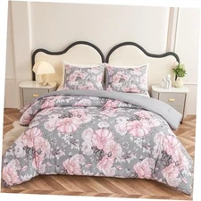 3 Pieces Pink and Grey Comforter Set Queen Size, Full/Queen Grey Pink Floral 1
