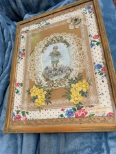 Antique Valentine’s Day Collage framed old die cuts folk art 12x 16” AS IS