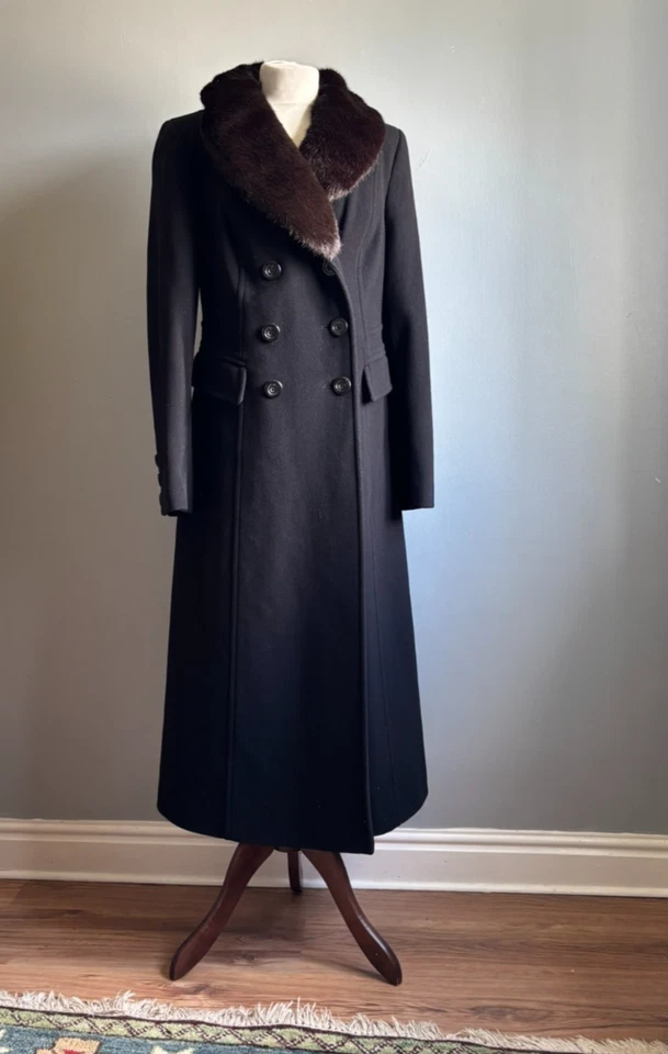 LAURA ASHLEY длинная шерсть пальто 16 14 кашемир меховой воротник викторианский крой flare езды - Изображение 2 из 4