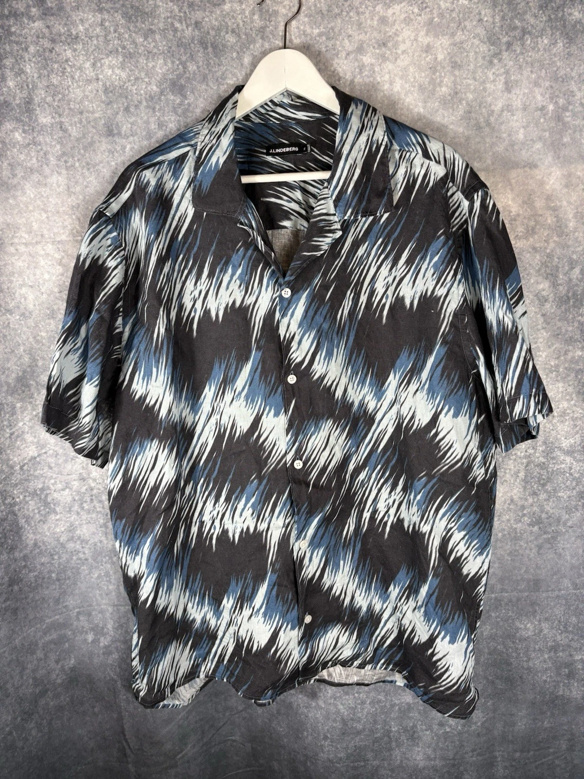 J.Lindeberg Mens Elio Linen Shirt XL Blue Black Abstract Short Sleeve P2P 25.5"