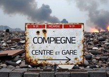 Wegweiser Ortsschild Compiegne Frankreich France 2. Weltkrieg Metallschild Alu