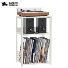 Elegant 3-Tier Large White Record Player Stand with Vinyl Storage for 130 Albums