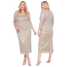 R&M Richards 2-Piece Set Midi Length Dress with Jacket Mocha Gold 18