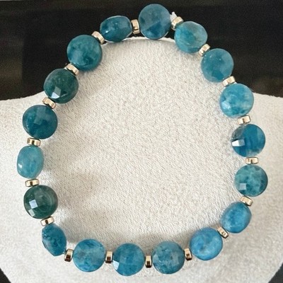 Second Bloom Studio Artisan Made Blue Apatite Stretch Bracelet 7'' Teal Gold