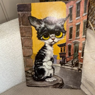 Vintage Framed 60's Pity Kitty Gigi Big Sad Eye Cat Print 11” X 14
