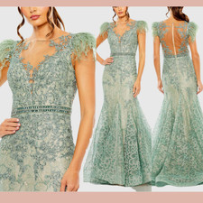NWT MAC DUGGAL 6 79230 Feather Cap Sleeve Illusion Neck Trumpet Gown S2081