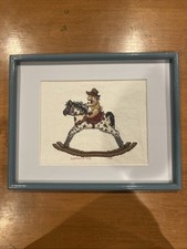Framed Cross Stitch Teddy Bear Rocking Horse Wall Art By Great Grandma Fern