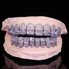 Custom Baguette Moissanite Baguette Grills 925 Silver Iced Out Top Bottom Teeth