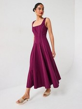 V by Very Corset Detail Pintuck Burgandy A-Line Midi Dress BNWT 100% Cotton NEW