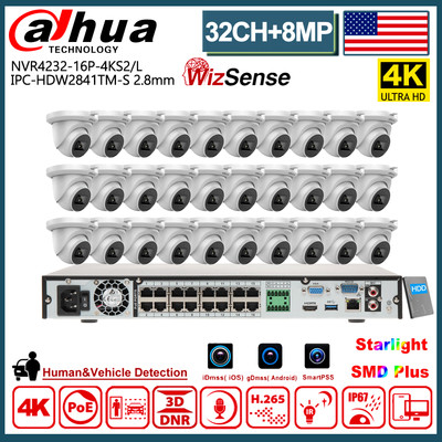 Dahua 32CH 4K Wizsense CCTV Camera System Kit 8MP Mic IR Starlight 16POE NVR Lot