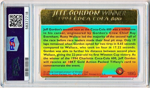 1994 Action Packed Jeff Gordon 24KT Gold WIN Auto #189G PSA/DNA 8 - POP 1  - Picture 2 of 2