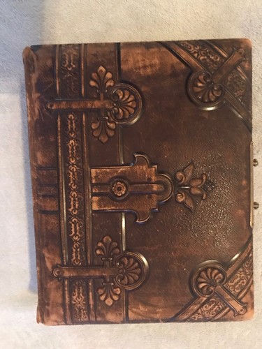 Antico album fotografico in pelle pieno fiore chiusura ottone scheda armadio - Foto 3 di 21