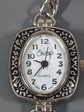 Swap White Dial Silver Tone Rectangle Case Bead Band Watch