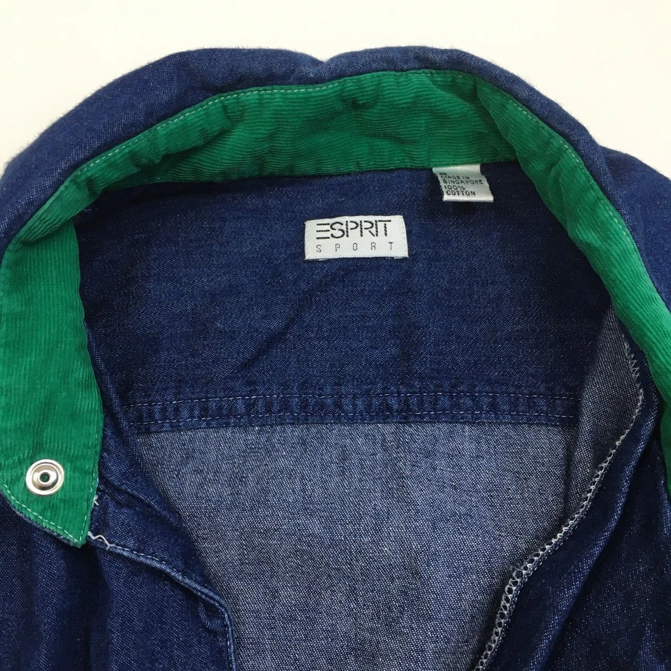 Vintage ESPRIT SPORT Dark Wash Green Corduroy Trim Chambray Shirt Men's sz Small - Image 3 of 4