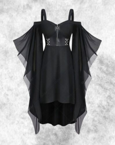 Neu schwarz Gothic Reißverschluss & Kette Korsett ausgestellte Ärmel Maxikleid Gr. 4XL 24 26 28