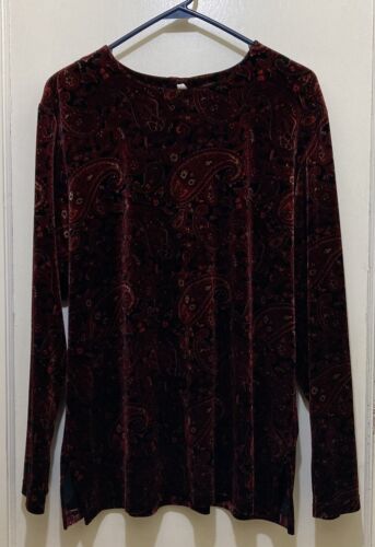Sag Harbor Womens Paisley Velvet Long Sleeve Top XL Keyhole Whimsigoth Victorian