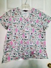Cassandra O Scrub Top Size L-Grey/Pink LLama Mock Wrap V-Neck-Chest 23"/L 27.5"