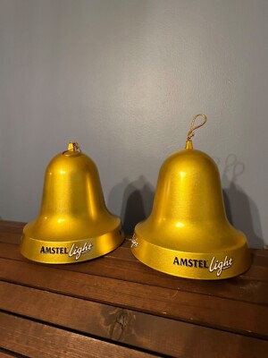 Vintage Amstel Light Metallic Gold Giant Plastic Bell Ornament Set of 2 RARE