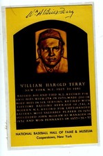WILLIAM HAROLD TERRY SIGNED HALL OF FAME PLAQUE POSTCARD