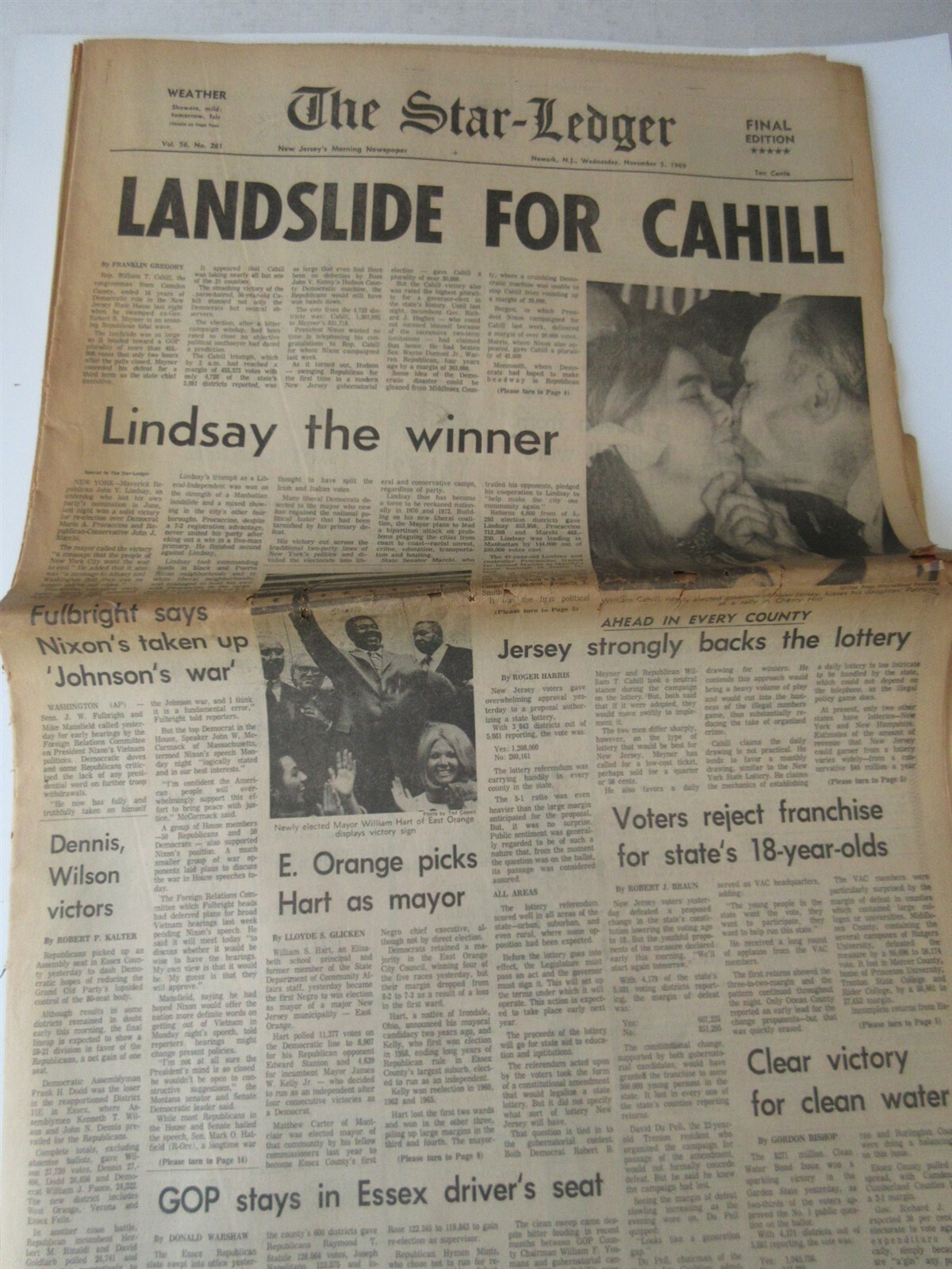 The Star-Ledger Newark, NJ Nov 5, 1969 Cahill wins Governor - Lindsay Mayor NYC