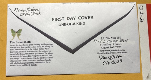 2025 Luna Moth $1.27 Surcharge Stamp C46 Elvira Mistress Of The Dark FDC/OOAK - Picture 5 of 5