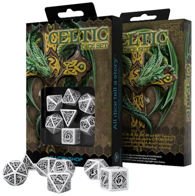 Q-Workshop 7 Dice Celtic 3D Set White with Black Polyhedral New SCER02 rpg