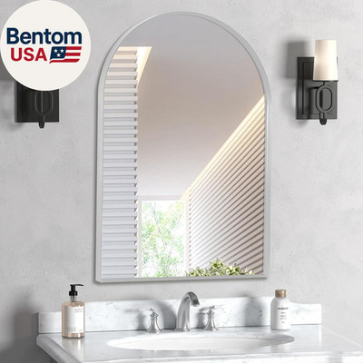 24'' X 32'' Silver Arched Mirror, Arch Wall Mirror, Metal Frame Black Bathroom Mir