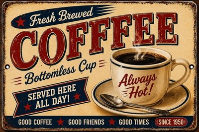 Retro Fresh Brewed Coffee Metal Tin Sign   Bottomless Cup Diner Kitchen Café Wal