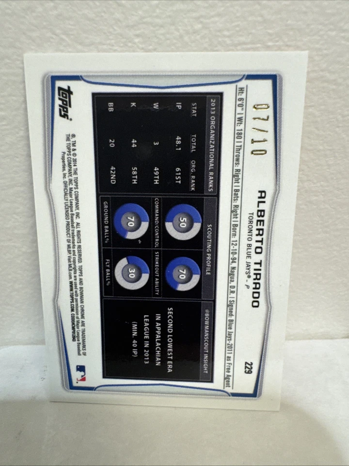 2014 Bowman Chrome Minis Orange Refractor 7/10 Alberto Tirado #229 - Image 2 of 2