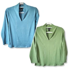 Women Set of 2 Rafaella V Neck Tops Shirts L Blue Green 100% Cotton Classic NEW 