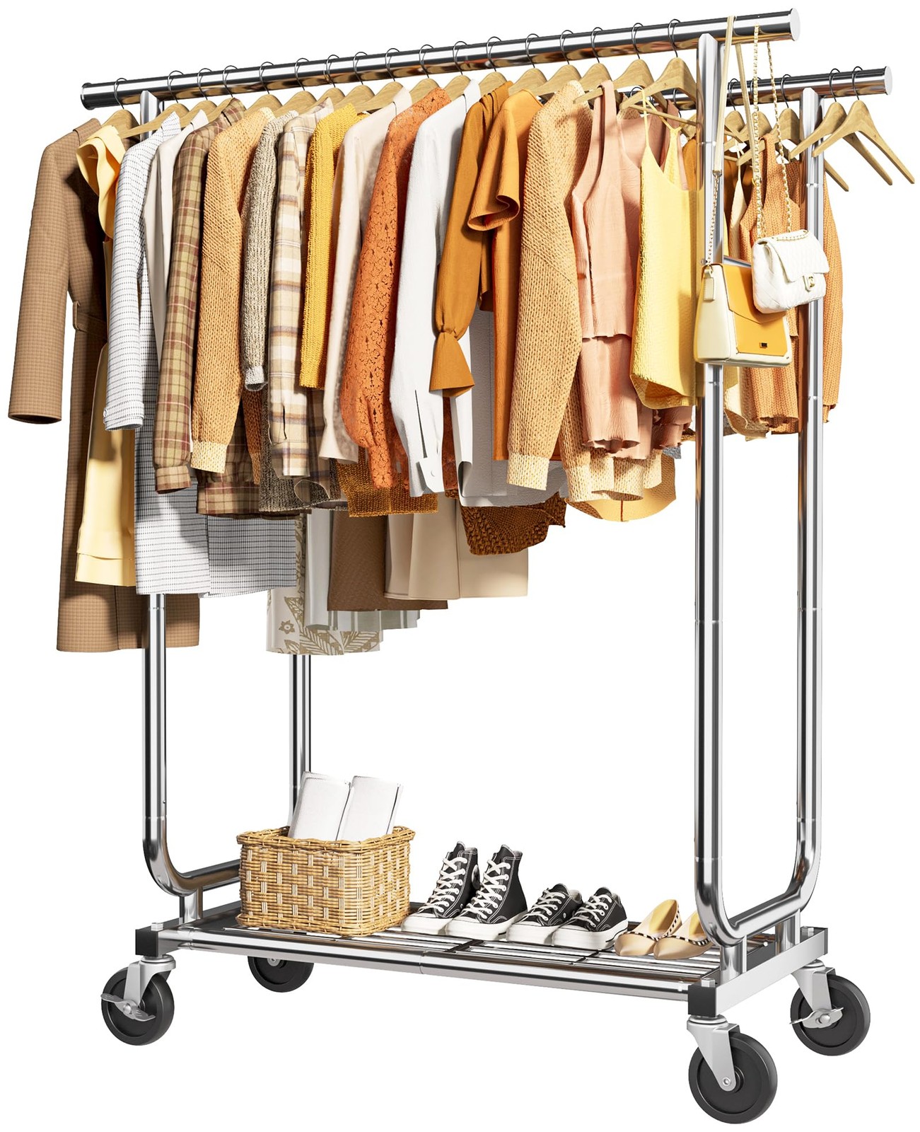 Heavy-Duty Clothes Rack Double-Rod Stainless Steel Garment with 4-inch Lockable