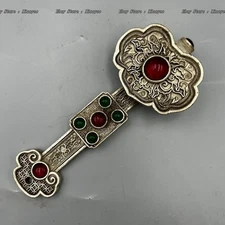 Qing Dynasty Tibetan Silver Ruyi Scepter - Handmade Gemstone Auspicious Decor