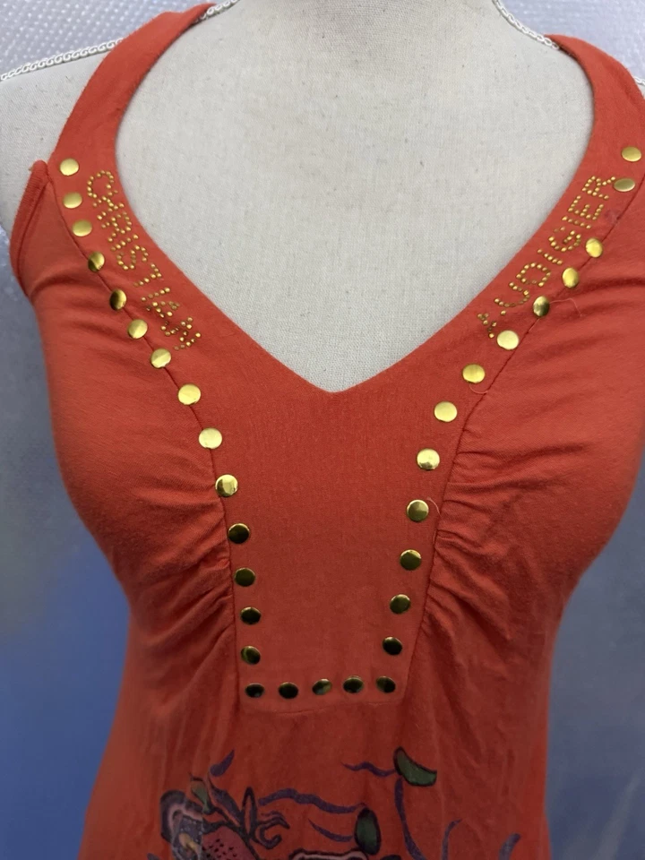 Christian Audigier Dress Womens Sz L Orange Tattoo Art Rhinestone Logo Retro VTG - Image 4 of 4
