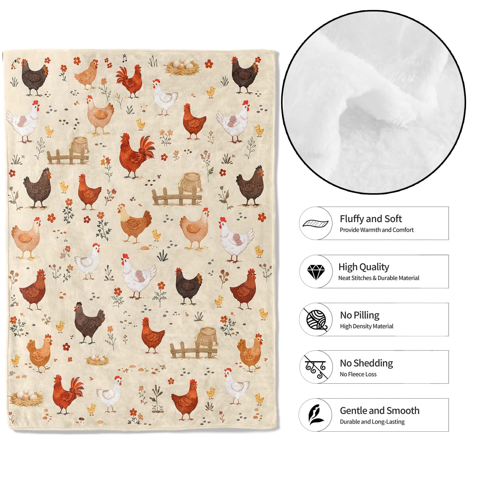 Cute Farm Chicken Soft Lightweight Flannel Throw Blanket Rustic 50x60 ...