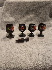 Set of 4 Vintage Wooden HAND PAINTED Floral Wine Goblets And Topper To Decanter