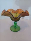Carnival Glass Amber and Green Northwood Stippled Rays Compote with Ruffled Top
